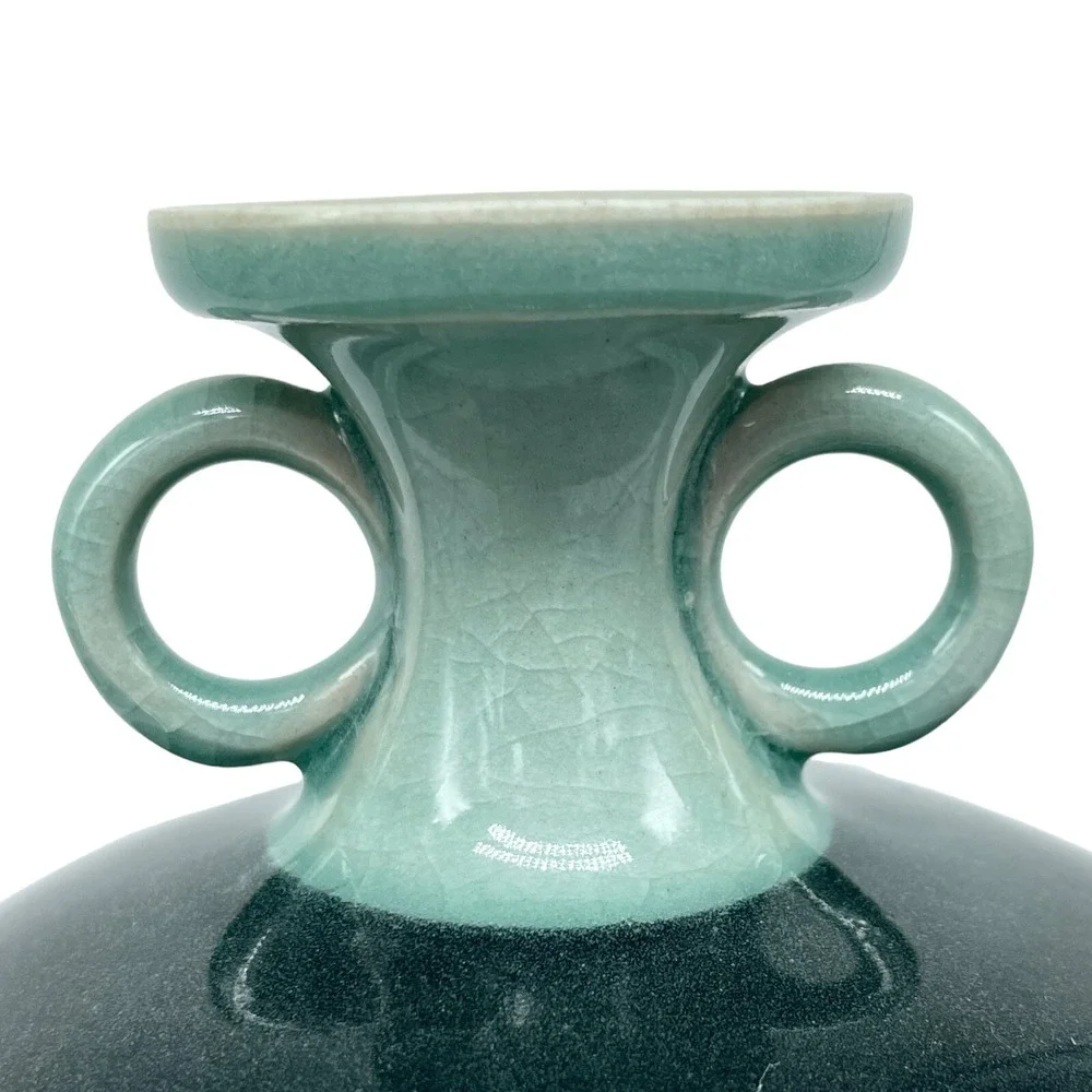 Vtg NIKKO Japan Celadon Crackle Vase Rose Double Handle Pottery 7